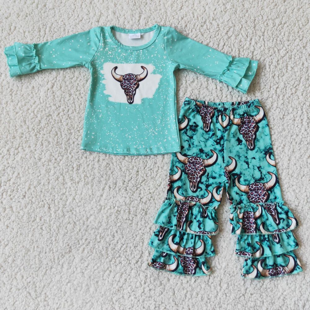 Bull head polka dot green long-sleeved shirt Bull head ruffled trousers suit