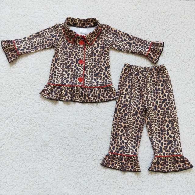 Girl leopard pajamas with red buttons set