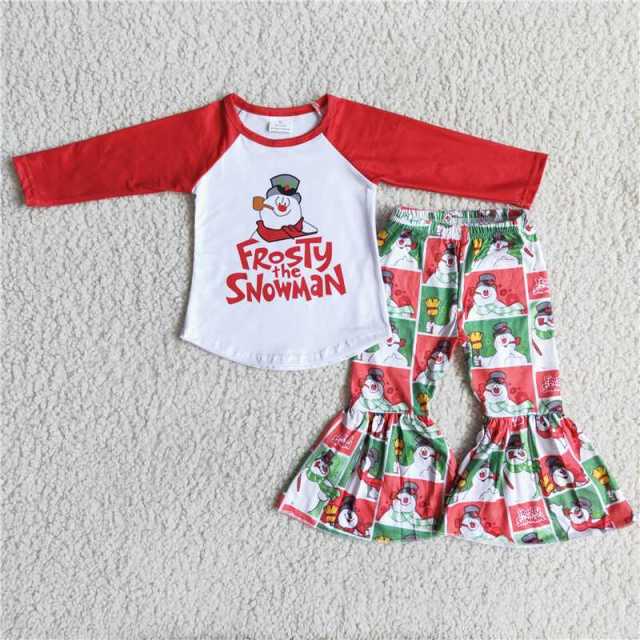 Snowman Red Long Sleeve Red Green Flare Pants