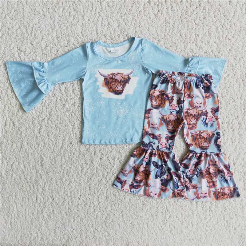Bull Head Blue Long Sleeve Top Bull Head Flare Pants Set