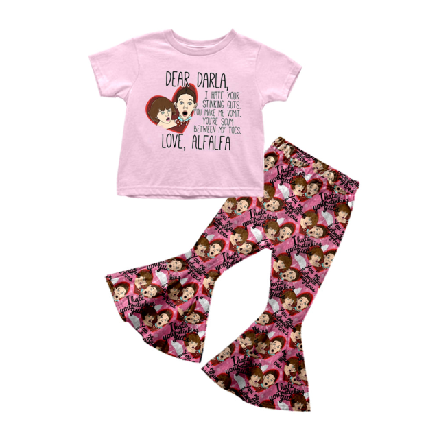 Cartoon character LOVE pink short-sleeved flared pants suit