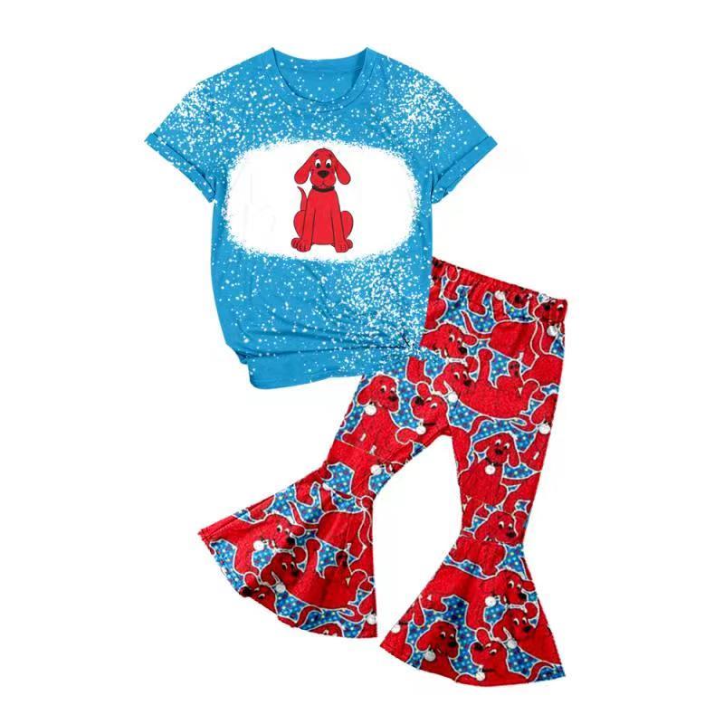 Blue top and red dog bell bottom pants suit
