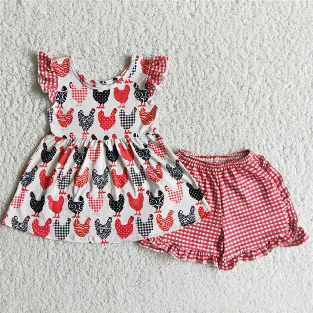 Rooster pattern red plaid shorts