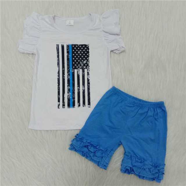 National Day White Top Flag Sleeve Blue Shorts