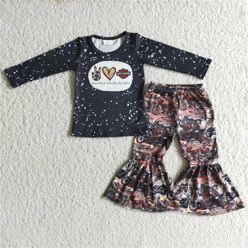 Baby girls gesture love black long-sleeved motorcycle flared pants suit
