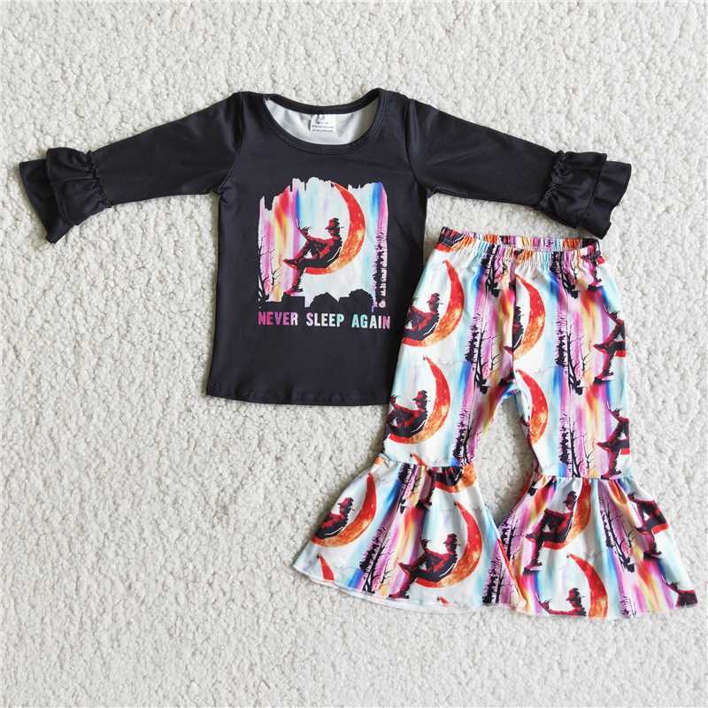 Baby girls Never sleep again black long-sleeved top flared pants suit