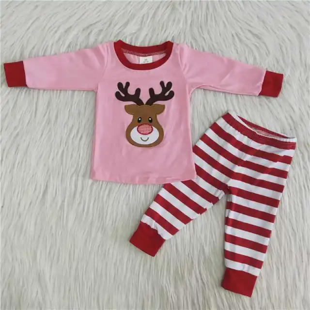 Pink deer head embroidered cotton striped pajamas