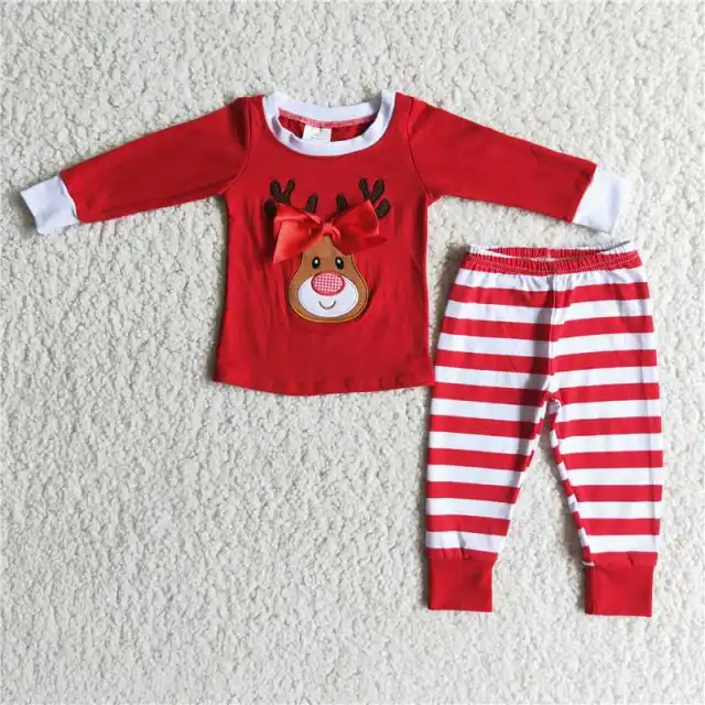 Red deer head embroidered cotton striped pajamas set