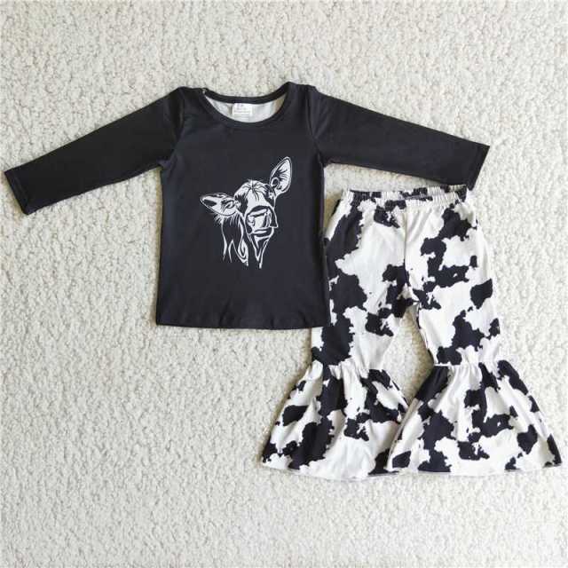 Baby girls cow head black top cow flared pants suit