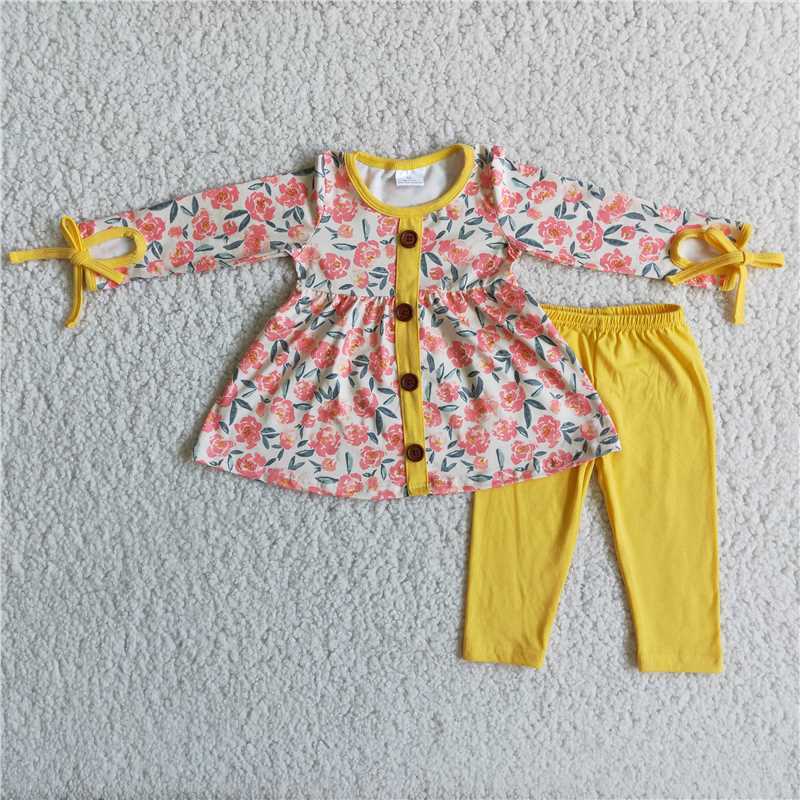 Flower button yellow pants long-sleeved suit