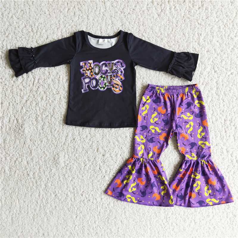 Black Long Sleeve Top and Purple Flare Pants Set