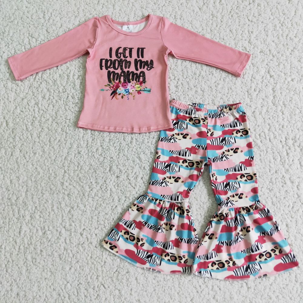 From my mama pink long-sleeved floral top flared pants suit
