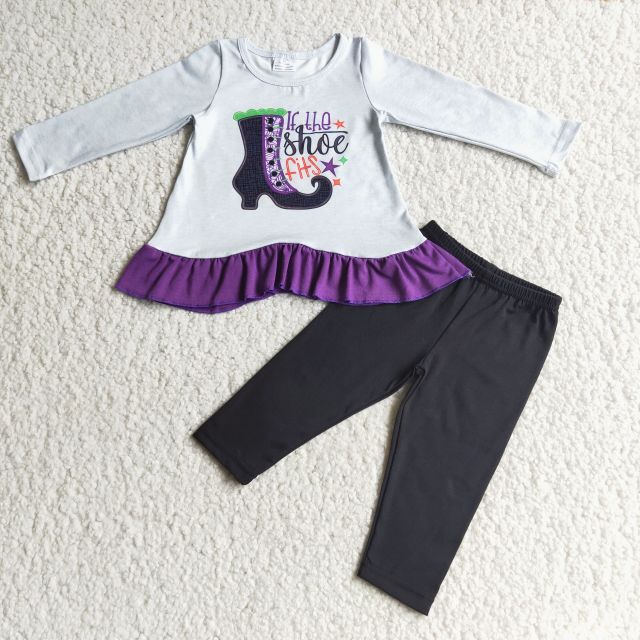 Baby girls shoe embroidered long-sleeved top and black trousers suit