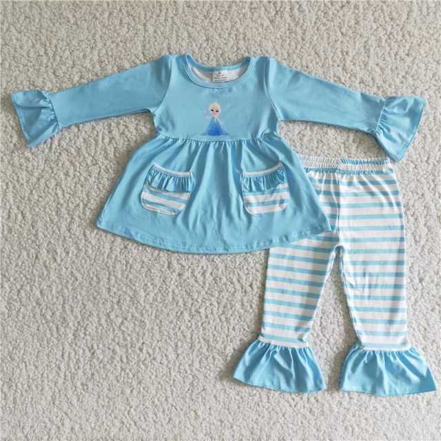 Baby Girls Blue Pocket Top Striped Pants Set