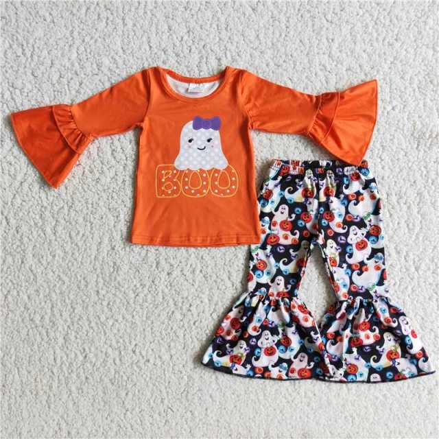 Baby Girls Boo Orange Top Halloween Flared Pants Set