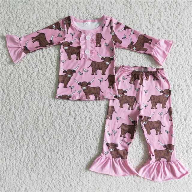 Baby girls cow pink long-sleeved trousers pajama set