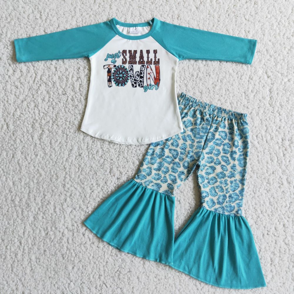 Baby Girls SMALL TOWN Top Green Leopard Flare Pants Set
