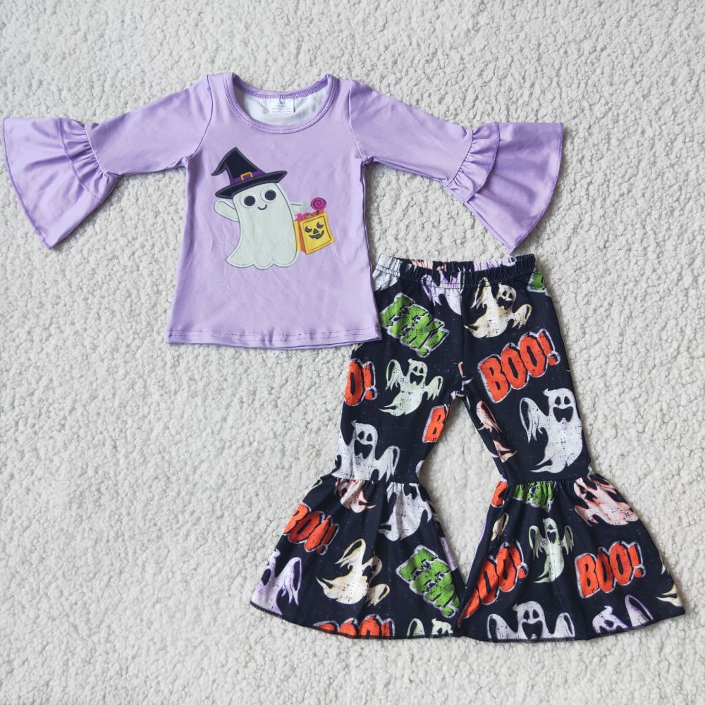 Halloween Purple Long Sleeve Top BOO Flared Pants Set