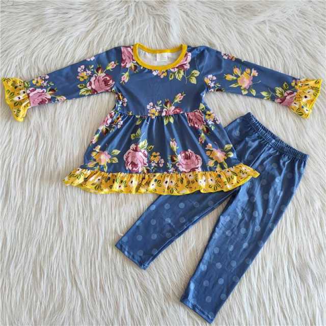 Blue flowers and yellow polka dot pants suit