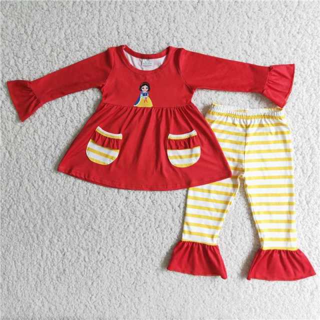 Baby girls pocket red blouse yellow striped trouser suit