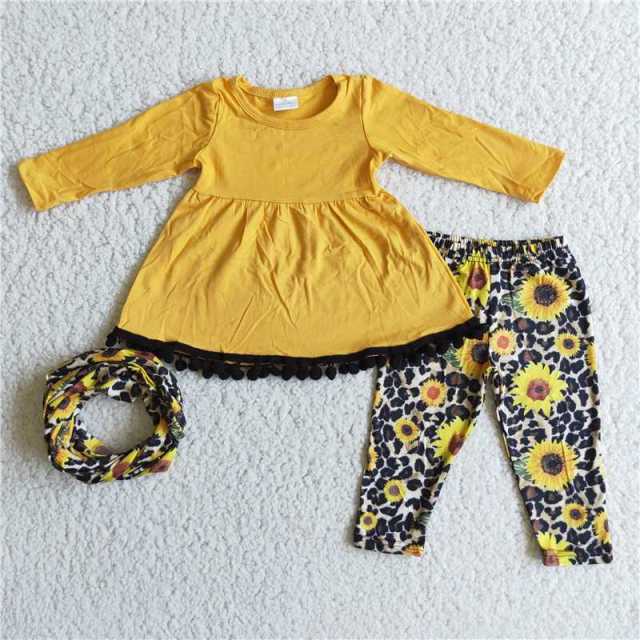 Leopard Sunflower Yellow Long Sleeve Three-piece Set