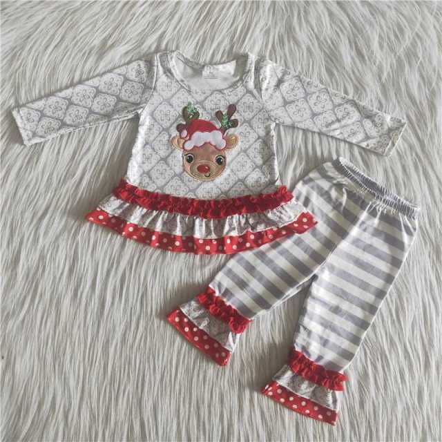 Embroidered deer head gray and white striped pants with red lace set