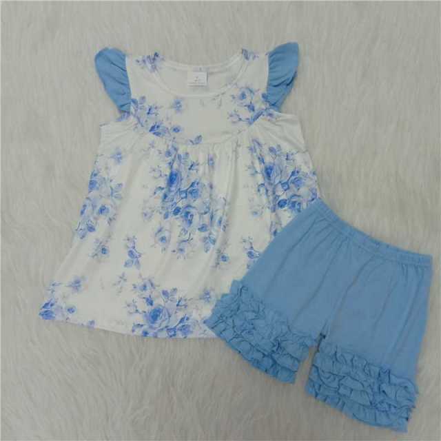Little Flying Sleeve Blue Flower Shorts Set