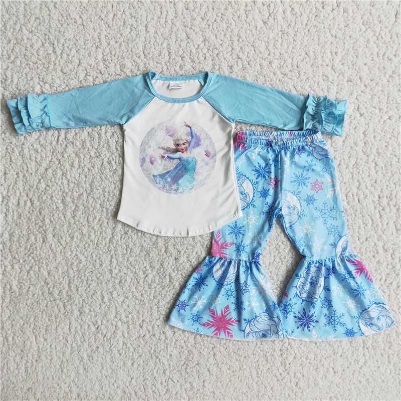 Baby girls blue snowflake long sleeve boutique two-piece set