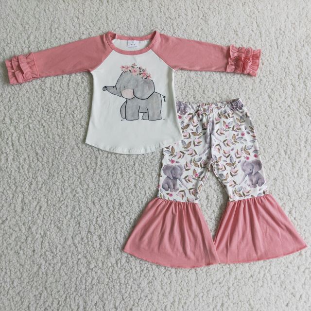 Elephant and floral pink long-sleeved flared pants suit