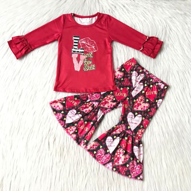 Valentine's Day Love Red Top Flare Pants Set