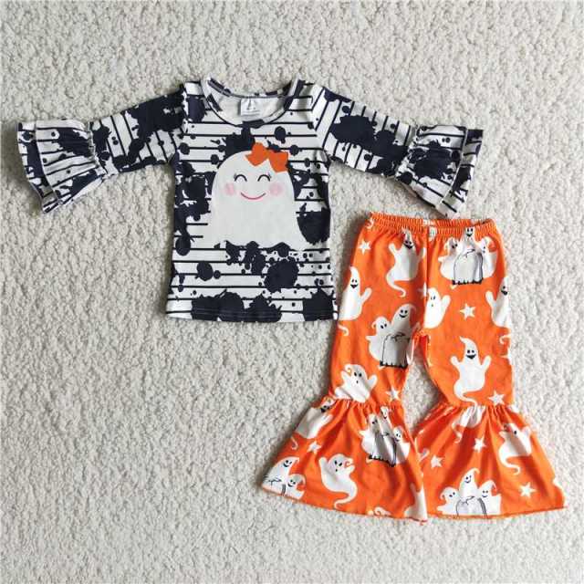 Cute ghost black striped long-sleeved orange pants set