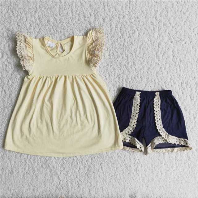 Yellow solid color lace blue shorts