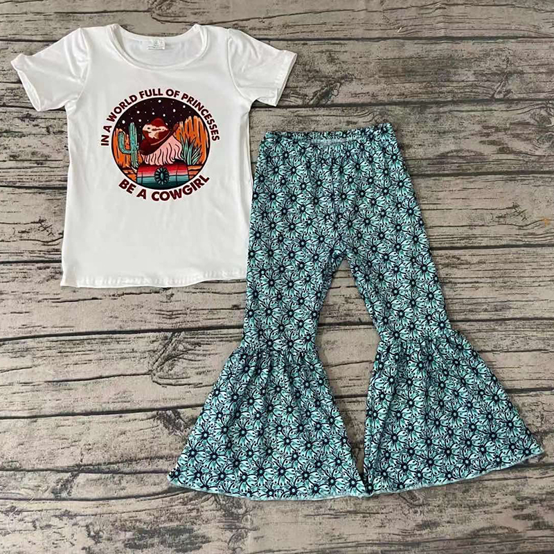 COW GIRL White Short Sleeve Top Flower Flared Pants Set