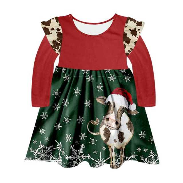 Cow Christmas hat snowflake long sleeve dress