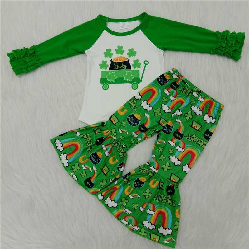 Green lace long-sleeved green rainbow flared pants set