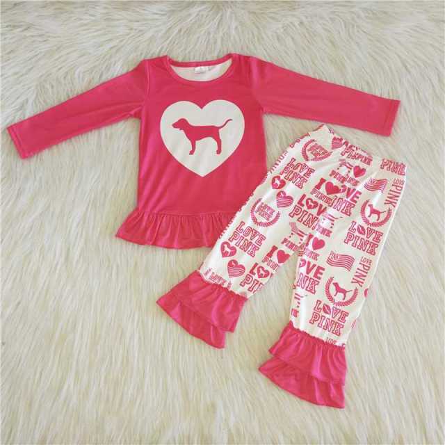 Pink Rose Red Love Puppy Letter Lace Pants Set