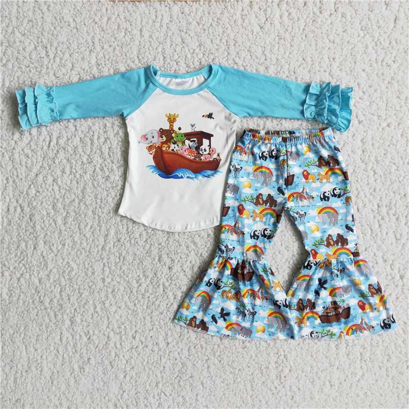 Noah's Ark Animal Long Sleeve Lace Top Flare Pants Set