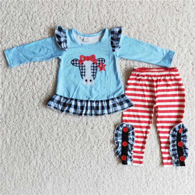 Bowknot Bull Head Blue Long Sleeve Red Striped Pants Suit