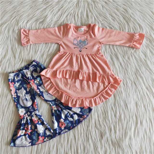 Offset Printing Fox Pink Long Sleeve Blue Pants Set