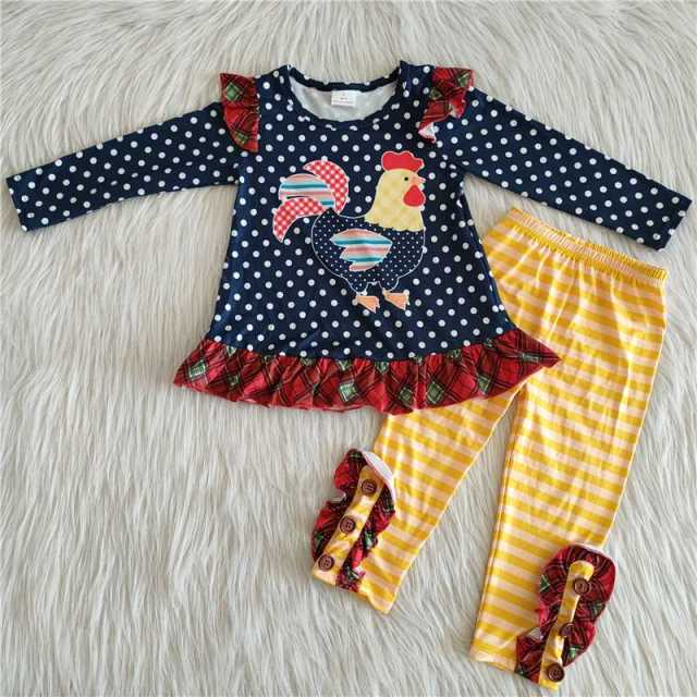 Blue Polka Dot Rooster Long Sleeve Top Striped Pants Set