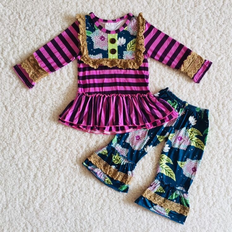 Purple striped buckle pants set