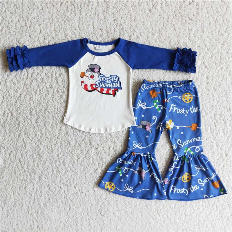 Snowman head blue lace top flared pants suit