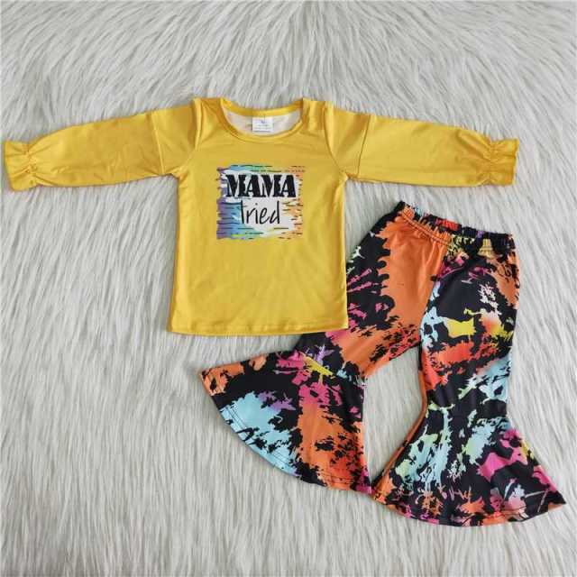 Letter yellow long-sleeved tie-dye flared pants set