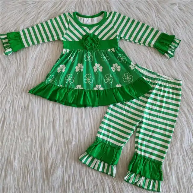 Baby girls four-leaf clover green striped suit