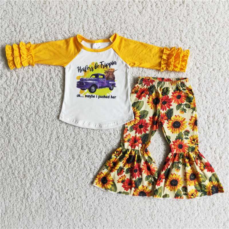 Yellow top truck sunflower flared pants suit