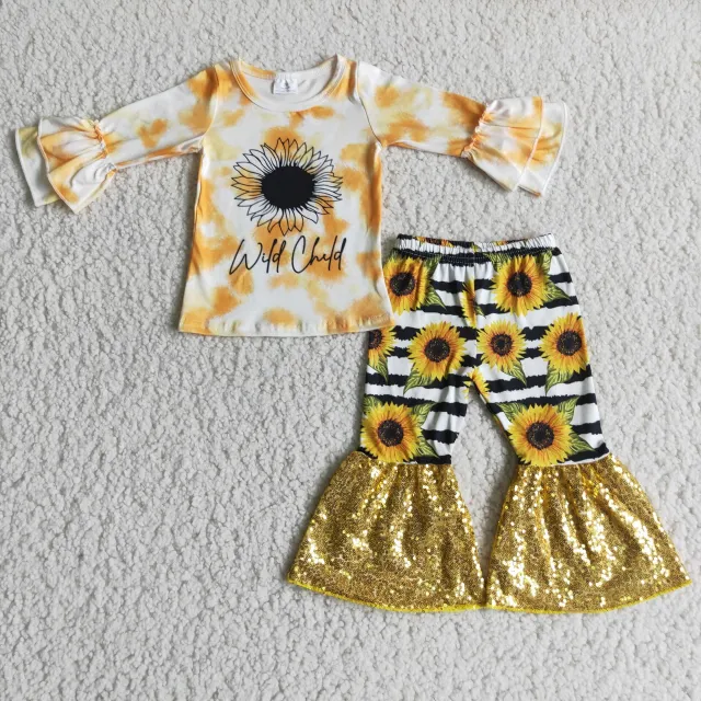 Sunflower Long Sleeve Top Yellow Sequined Flare Pants Set