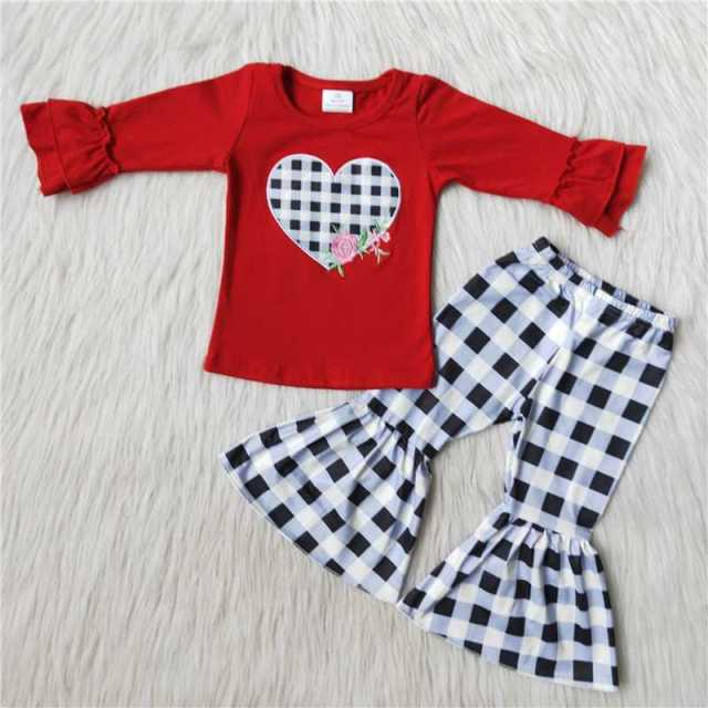 Valentine's day embroidered plaid love long-sleeved flared pants set