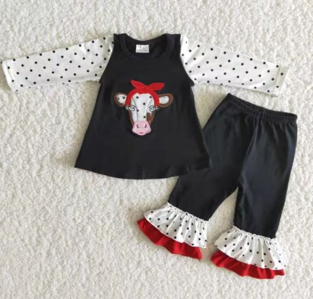 kids girl embroidery cow set