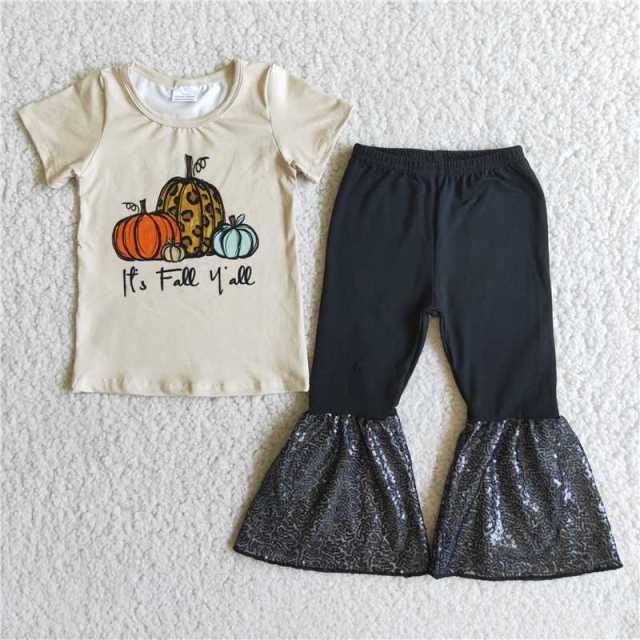 baby girls pumpkin Short-sleeved bell bottom pants  suit