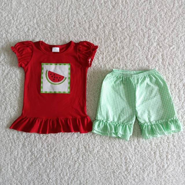 Watermelon red short-sleeved green pants
